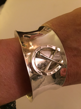 Load image into Gallery viewer, Bracelet, AH designed Horse Shoe & Hunting Horns 1900's era Brooch set on Wide Vintage Sterling Cuff