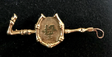 Load image into Gallery viewer, Stock pin, 18 kt gold bamboo whip, shoe & “Good Luck”