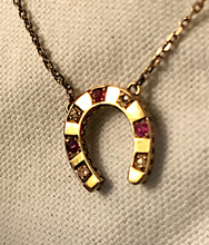 Load image into Gallery viewer, Necklace, 14 kt gold, antique diamond & ruby horse shoe