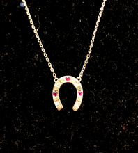 Load image into Gallery viewer, Necklace, 14 kt gold, antique diamond & ruby horse shoe