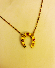 Load image into Gallery viewer, Necklace, 14 kt gold, antique diamond & ruby horse shoe