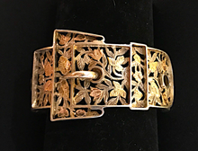 Load image into Gallery viewer, Bracelet, Fabulous silver buckle bracelet w 9 kt yellow, green & rose gold detail
