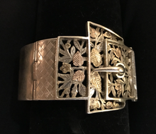 Load image into Gallery viewer, Bracelet, Fabulous silver buckle bracelet w 9 kt yellow, green & rose gold detail