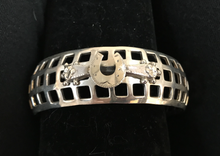 Load image into Gallery viewer, Bracelet, AH Designed, sterling mid century modern geometric cuff mounted with 1870’s sterling stock pin