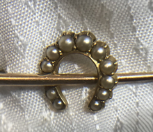 Load image into Gallery viewer, Stock pin, 15 kt yellow & white gold, pearl horse shoe on whip