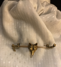 Load image into Gallery viewer, Stock pin, diamond eyed fox, 14 kt, mounted on hunting crop, large & detailed