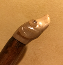 Load image into Gallery viewer, Cane-Walking Stick, antique, carved horn hound head w glass eyes on new wooden cane