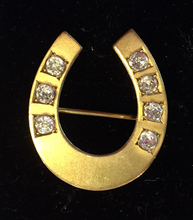 Load image into Gallery viewer, Brooch, horse shoe w "paste" glass "diamonds", gilded sterling silver, Dressage
