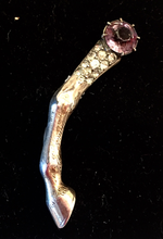 Load image into Gallery viewer, Brooch, Antique-Vintage horse leg pin w "paste" ameythyst & diamond stones, Dressage, Art Deco influence, gold wash over sterling