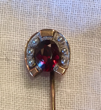 Load image into Gallery viewer, Stickpin, Antique gold, garnet & pearl horse shoe