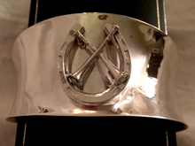 Load image into Gallery viewer, Bracelet, AH designed Horse Shoe & Hunting Horns 1900's era Brooch set on Wide Vintage Sterling Cuff