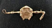 Load image into Gallery viewer, Stock pin, 18 kt gold bamboo whip, shoe & “Good Luck”