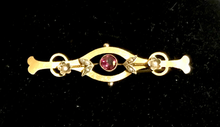 Load image into Gallery viewer, Brooch, antique gold bar, Edwardian, with amethyst & seed pearls