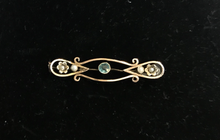 Load image into Gallery viewer, Brooch, antique bar, Edwardian, with acquamarine stone & pearls, 9 kt rose gold, Dressage