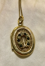 Load image into Gallery viewer, Necklace, locket w horse shoe, 9 kt gold, garnets & pearls