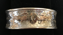 Load image into Gallery viewer, Bracelet, AH designed, late 1800’s 9 kt rose gold brooch mounted on vintage woven sterling cuff