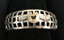 Load image into Gallery viewer, Bracelet, AH Designed, sterling mid century modern geometric cuff mounted with 1870’s sterling stock pin