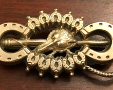 Load image into Gallery viewer, Brooch, antique fox, hunting whip & horseshoe, silver on brass, Dressage