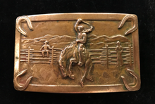 Load image into Gallery viewer, Belt Buckle, vintage 1940’s rodeo bronc rider, heavy brass or bronze
