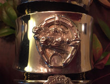 Load image into Gallery viewer, Bracelet, AH designed: Vintage Sterling mid-cent modern cuff mounted w 19th c Sterling double horse head brooch