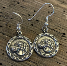 Load image into Gallery viewer, Earrings, Antique Hunt Designs Fox Hound Head in Wreath, in Sterling, on Sterling wires
