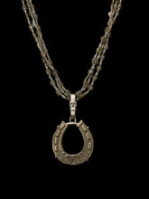 Load image into Gallery viewer, Necklace, Antique Hunt Original Design,  Stunning White Bronze Horse Shoe cast from an 1800’s Horse Shoe Brooch, set in Sterling Silver, on Three Strands of Iridescent Labradorite Chain
