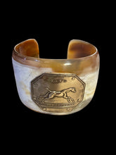 Load image into Gallery viewer, Bracelet, Antique Hunt Designs, Yellow Bronze “Gand” Medal Hand Riveted to Natural Horn Cuff, Sz SM-MED
