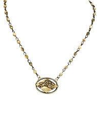 Load image into Gallery viewer, Necklace, Bronze Racehorse Pendant on Green Shades Czech Glass Rosary Style Chain, 16”, Antique Hunt Designs
