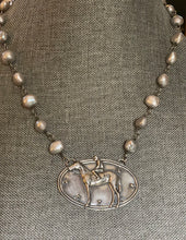 Load image into Gallery viewer, Necklace, Sterling Racehorse Pendant, set on Genuine Silver Baroque Pearls on Sterling “Rosary” Chain, Antique Hunt Design Exclusive
