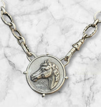Load image into Gallery viewer, Necklace, Lost Wax Cast Sterling Silver “Grecian” Horse Medallion, set in Sterling, on 16” Silver-Plated chain with Sterling Watch Clasp
