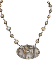 Load image into Gallery viewer, Necklace, Sterling Racehorse Pendant, set on Genuine Silver Baroque Pearls on Sterling “Rosary” Chain, Antique Hunt Design Exclusive

