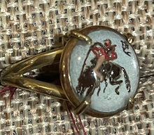 Load image into Gallery viewer, Ring, Blue Sky Bucking Bronco Painted Crystal, set in Solid Bronze, Sz 7.75
