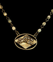 Load image into Gallery viewer, Necklace, Bronze Racehorse Pendant on Green Shades Czech Glass Rosary Style Chain, 16”, Antique Hunt Designs
