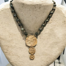 Load image into Gallery viewer, Necklace, Antique Hunt Designs Foxhunting Trilogy Pendant set on Raw Emerald 15” Chain
