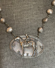 Load image into Gallery viewer, Necklace, Sterling Racehorse Pendant, set on Genuine Silver Baroque Pearls on Sterling “Rosary” Chain, Antique Hunt Design Exclusive
