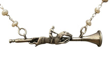 Load image into Gallery viewer, Necklace, Antique Hunt Designs Sterling Pendant, “Call to the Races!” Cast from Antique Brooch, set on Natural Pearl Rosary Style Chain, 15”
