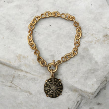 Load image into Gallery viewer, Bracelet, Antique Hunt Designs, Fabulous Art Deco Black &amp; Gold Geometric Button, set in Bronze on Gold-Plated  Chain, 8.25”
