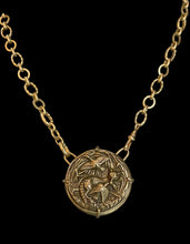 Load image into Gallery viewer, Necklace, Antique Hunt Exclusive Design, Bronze Fox with Bird, set in Bronze, on Gold-plated Chain
