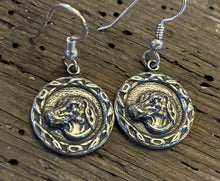 Load image into Gallery viewer, Earrings, Antique Hunt Designs Fox Hound Head in Wreath, in Sterling, on Sterling wires
