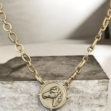 Load image into Gallery viewer, Necklace, Antique Hunt Designs Lost Wax Cast Bronze “Grecian” Horse Medallion, set in Bronze, on 16” Gold-Plated Chain w Vintage Watch Clasp
