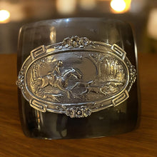 Load image into Gallery viewer, Bracelet, Antique Hunt Designs White Bronze Hunt Scene Hand Riveted to Natural Horn Cuff, Sz SM-MED
