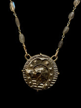Load image into Gallery viewer, Necklace, Antique Hunt Designs, “Lucky French Hound”, Cast in White Bronze, on Labradorite &amp; Gold-plated Wire Chain, 20”

