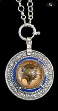 Load image into Gallery viewer, Vintage Fox Crystal Sterling Pendant Necklace French Blue Enamel 20” Rolo Chain with Fob Charm Clasp
