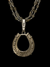 Load image into Gallery viewer, Necklace, Antique Hunt Original Design,  Stunning White Bronze Horse Shoe cast from an 1800’s Horse Shoe Brooch, set in Sterling Silver, on Three Strands of Iridescent Labradorite Chain
