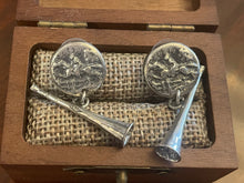 Load image into Gallery viewer, Earrings, AH Designs “Tally Ho!” Hunt Scene Disc Post Earrings w Hunt Horns in Sterling (also available in Bronze)
