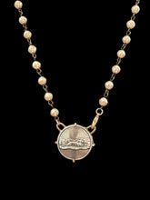 Load image into Gallery viewer, Necklace, Antique Hunt Designs Sterling Racing Rabbit, set in Bronze, on Glass “Pearl” Chain
