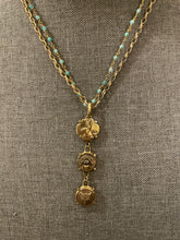 Load image into Gallery viewer, Necklace, Antique Hunt Designs Double Strand Triplicate with Rabbit, Acorn &amp; Fox, Gold-Plated &amp; Chalcedony Chain
