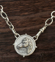 Load image into Gallery viewer, Necklace, Lost Wax Cast Sterling Silver “Grecian” Horse Medallion, set in Sterling, on 16” Silver-Plated chain with Sterling Watch Clasp
