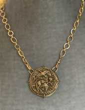 Load image into Gallery viewer, Necklace, Antique Hunt Exclusive Design, Bronze Fox with Bird, set in Bronze, on Gold-plated Chain
