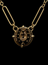 Load image into Gallery viewer, Necklace, Antique Hunt Designs, Antique Gilded Glass Horse Shoe &amp; Hoof Button, set in Bronze on Gold-plated Chain,  18”
